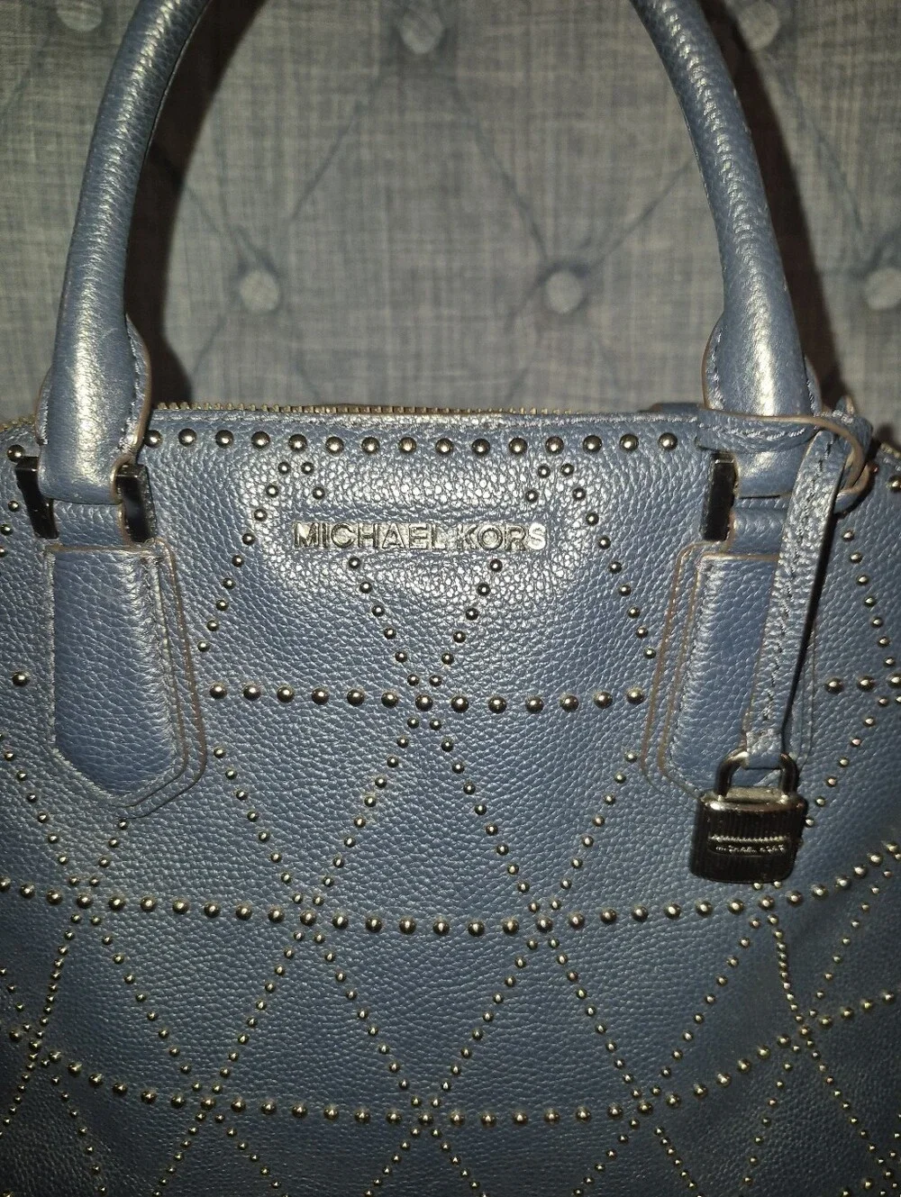 Michael Kors Blue Studded Satchel with Gold Hardware